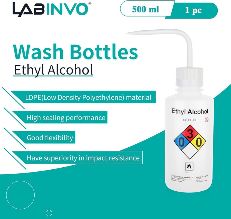 LINVO Ethyl Alcohol Wash Bottles, 1PC of Vol.500ml (17oz), Narrow Mouth, Self-Venting Safety Wash Bottles, LDPE Material,IN-WBE501 - Image 2